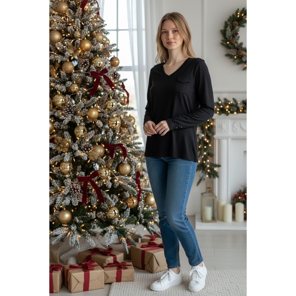Talbots Petites V-Neck Long Sleeve Navy Blue Knit Top Women's Blouse Pima cotton